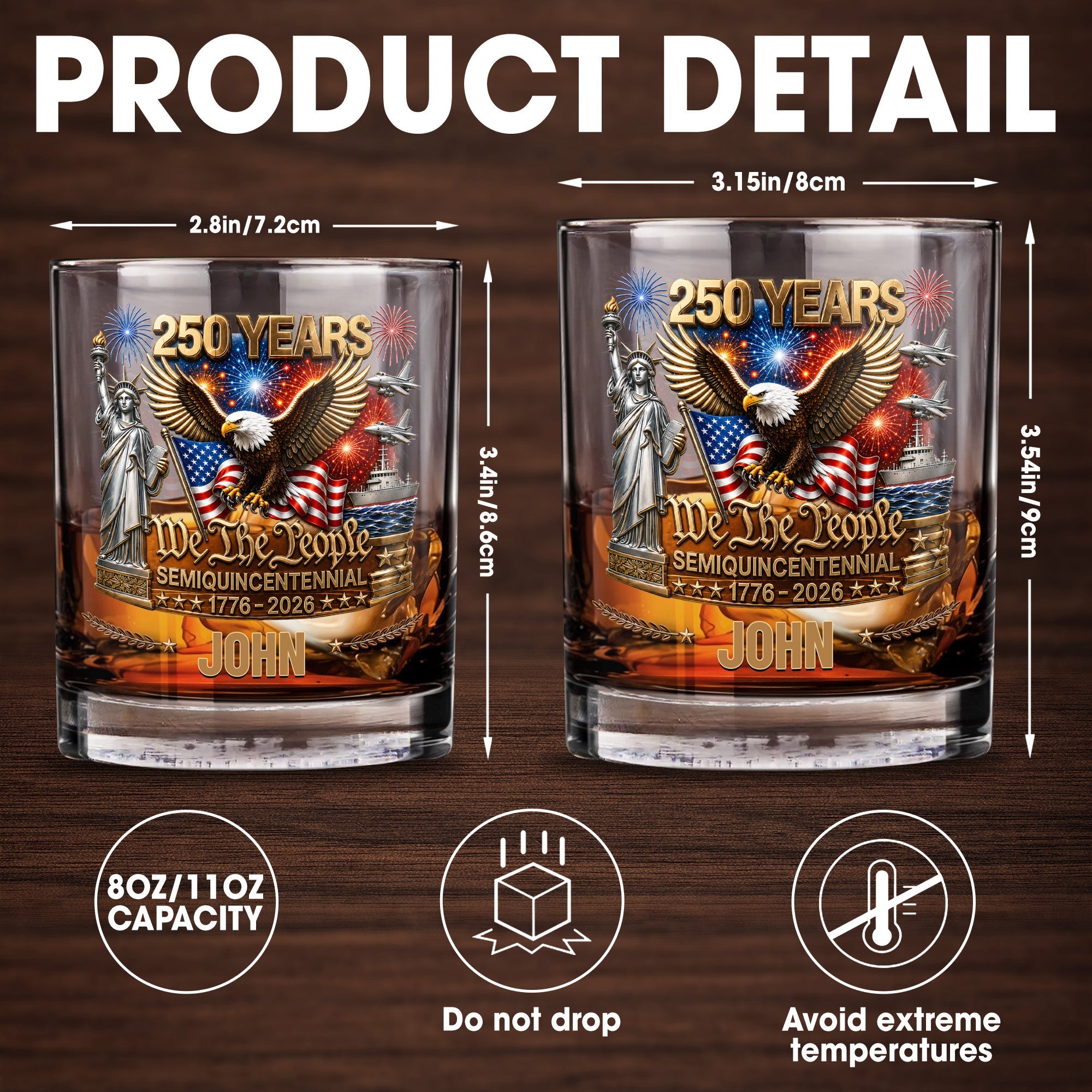 We The People Semiquincentennial Patriotic Eagle And Statue Of Liberty - Personalized Custom Whiskey Glass - INDE522_RWG