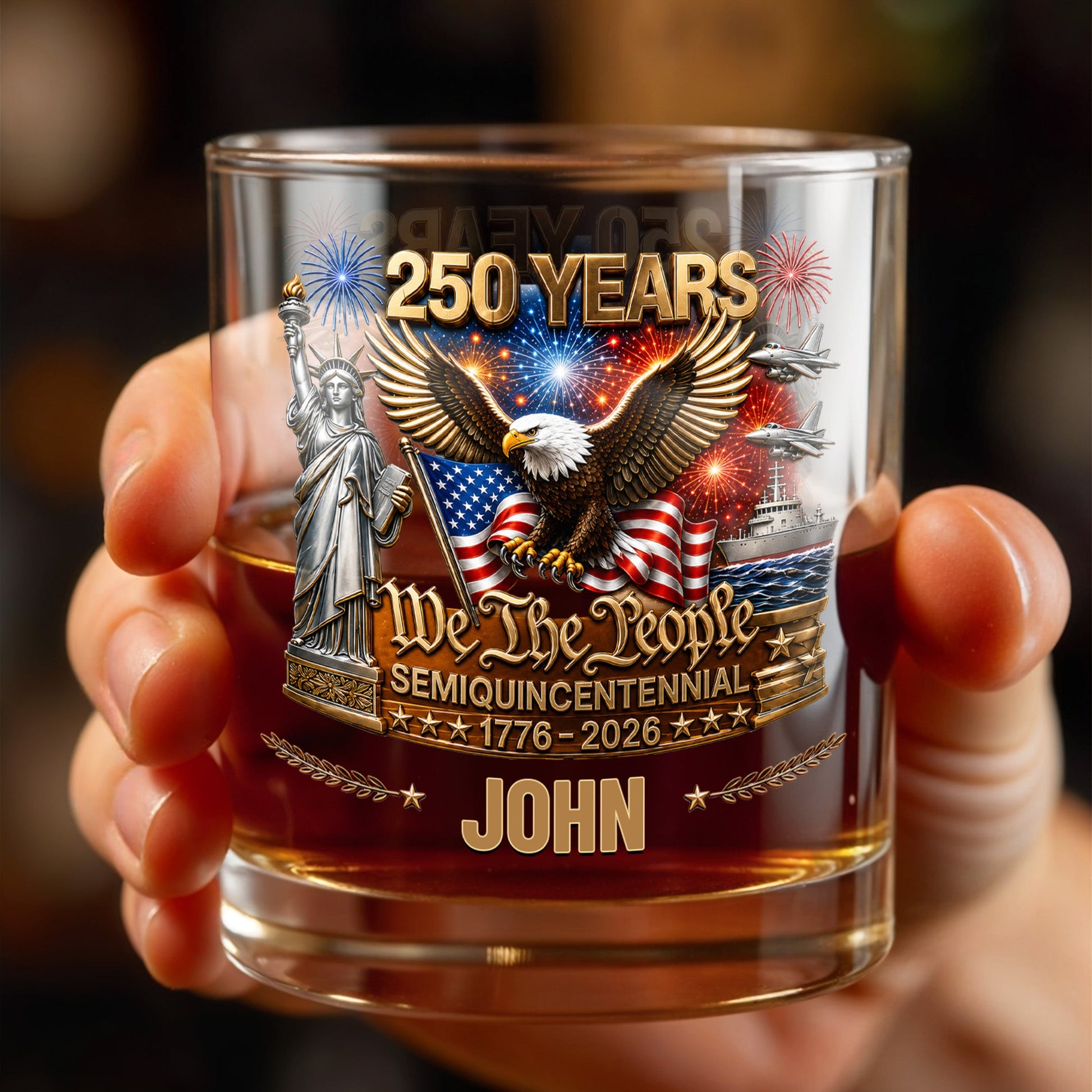 We The People Semiquincentennial Patriotic Eagle And Statue Of Liberty - Personalized Custom Whiskey Glass - INDE522_RWG
