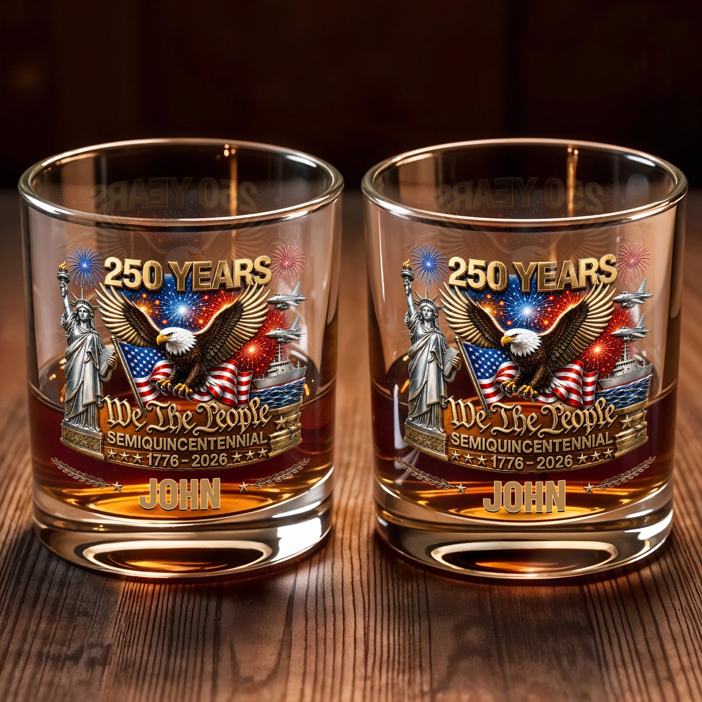 We The People Semiquincentennial Patriotic Eagle And Statue Of Liberty - Personalized Custom Whiskey Glass - INDE522_RWG