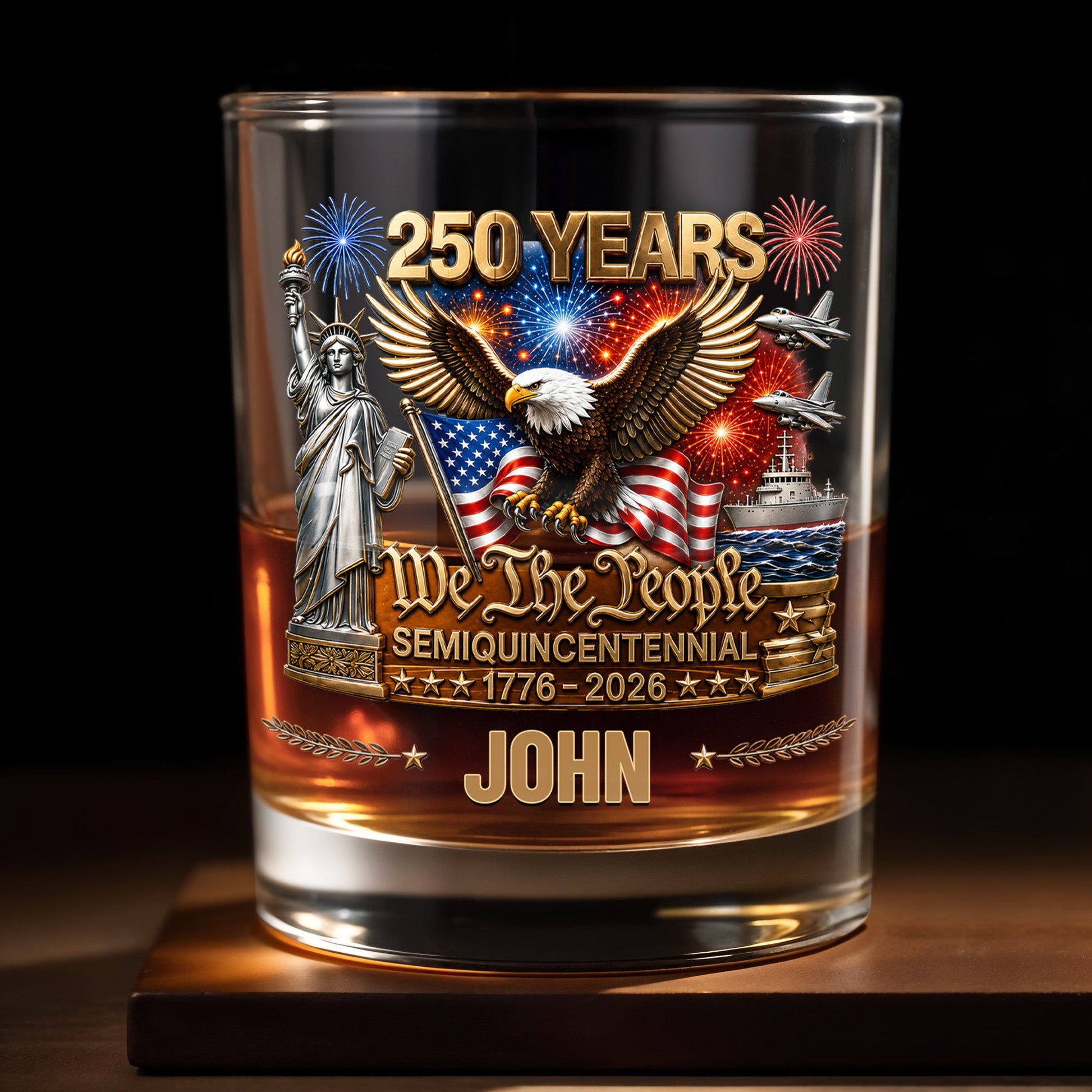 We The People Semiquincentennial Patriotic Eagle And Statue Of Liberty - Personalized Custom Whiskey Glass - INDE522_RWG