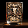 American Frontier Spirit Land Of The Free With Steer Skull And Flag - Personalized Custom Whiskey Glass - INDE535_RWG