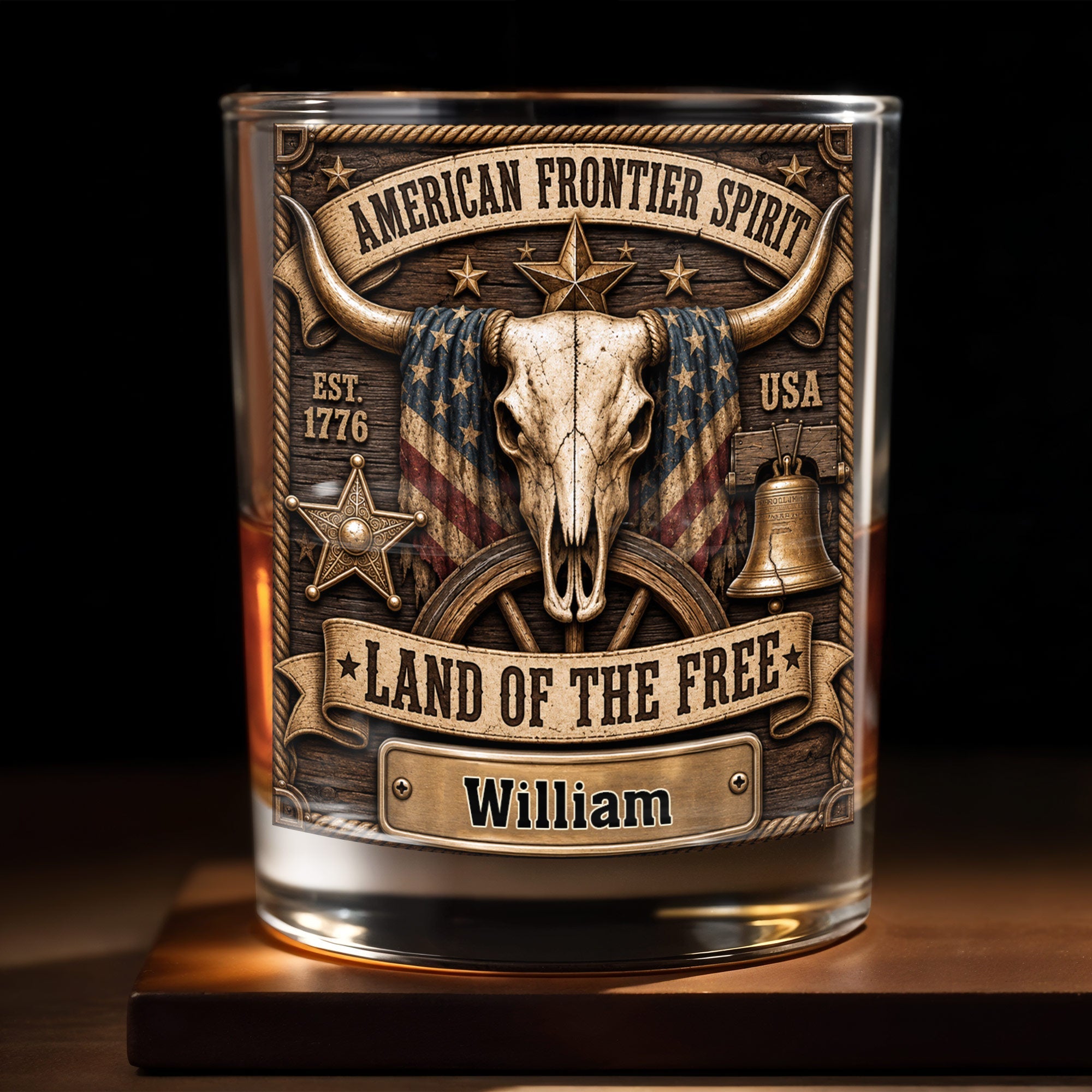 American Frontier Spirit Land Of The Free With Steer Skull And Flag - Personalized Custom Whiskey Glass - INDE535_RWG