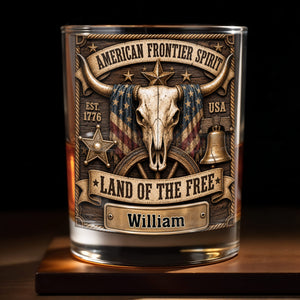 American Frontier Spirit Land Of The Free With Steer Skull And Flag - Personalized Custom Whiskey Glass - INDE535_RWG