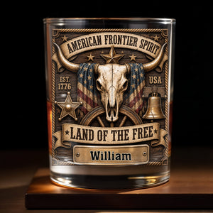 American Frontier Spirit Land Of The Free With Steer Skull And Flag - Personalized Custom Whiskey Glass - INDE535_RWG