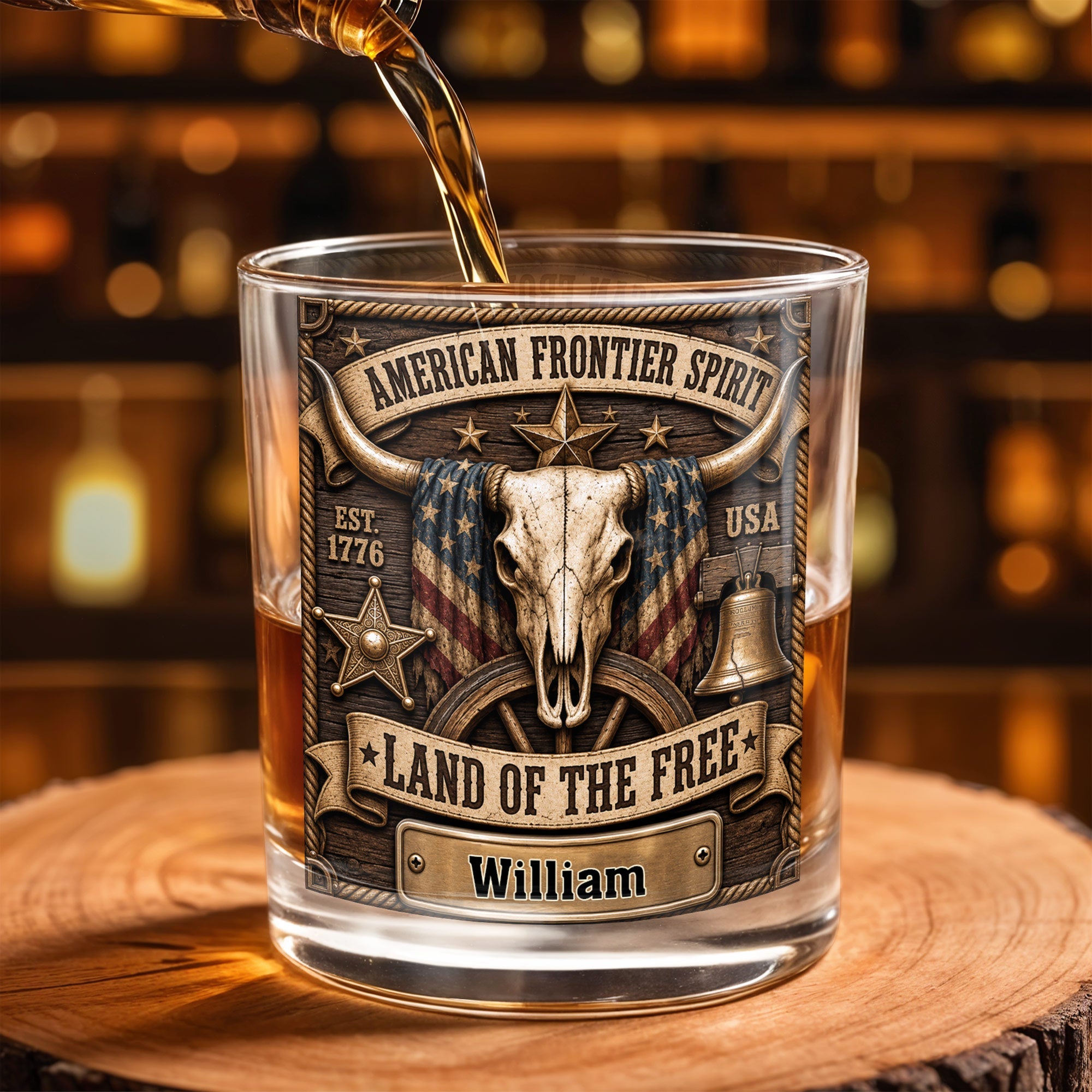 American Frontier Spirit Land Of The Free With Steer Skull And Flag - Personalized Custom Whiskey Glass - INDE535_RWG