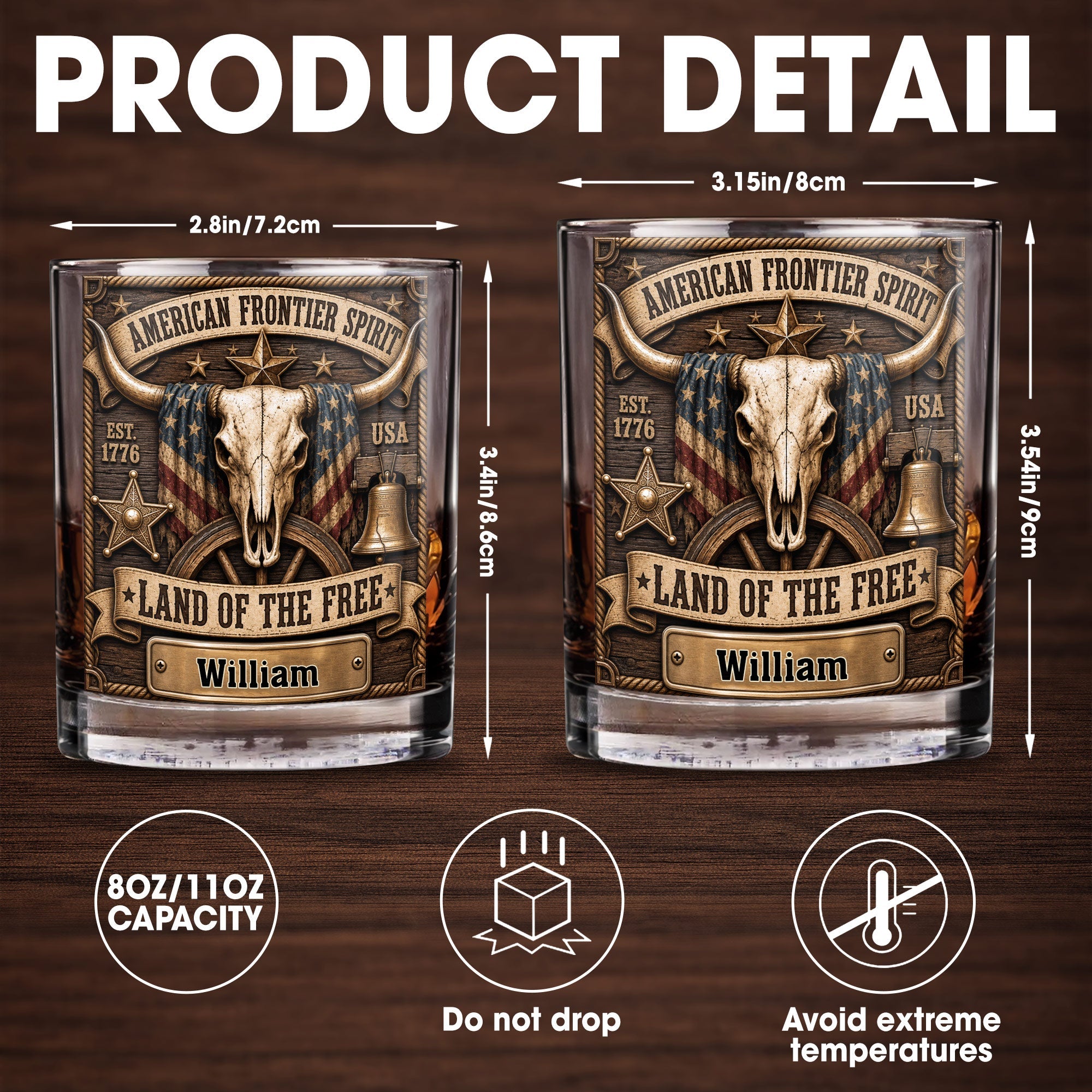 American Frontier Spirit Land Of The Free With Steer Skull And Flag - Personalized Custom Whiskey Glass - INDE535_RWG