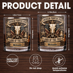 American Frontier Spirit Land Of The Free With Steer Skull And Flag - Personalized Custom Whiskey Glass - INDE535_RWG