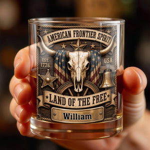 American Frontier Spirit Land Of The Free With Steer Skull And Flag - Personalized Custom Whiskey Glass - INDE535_RWG