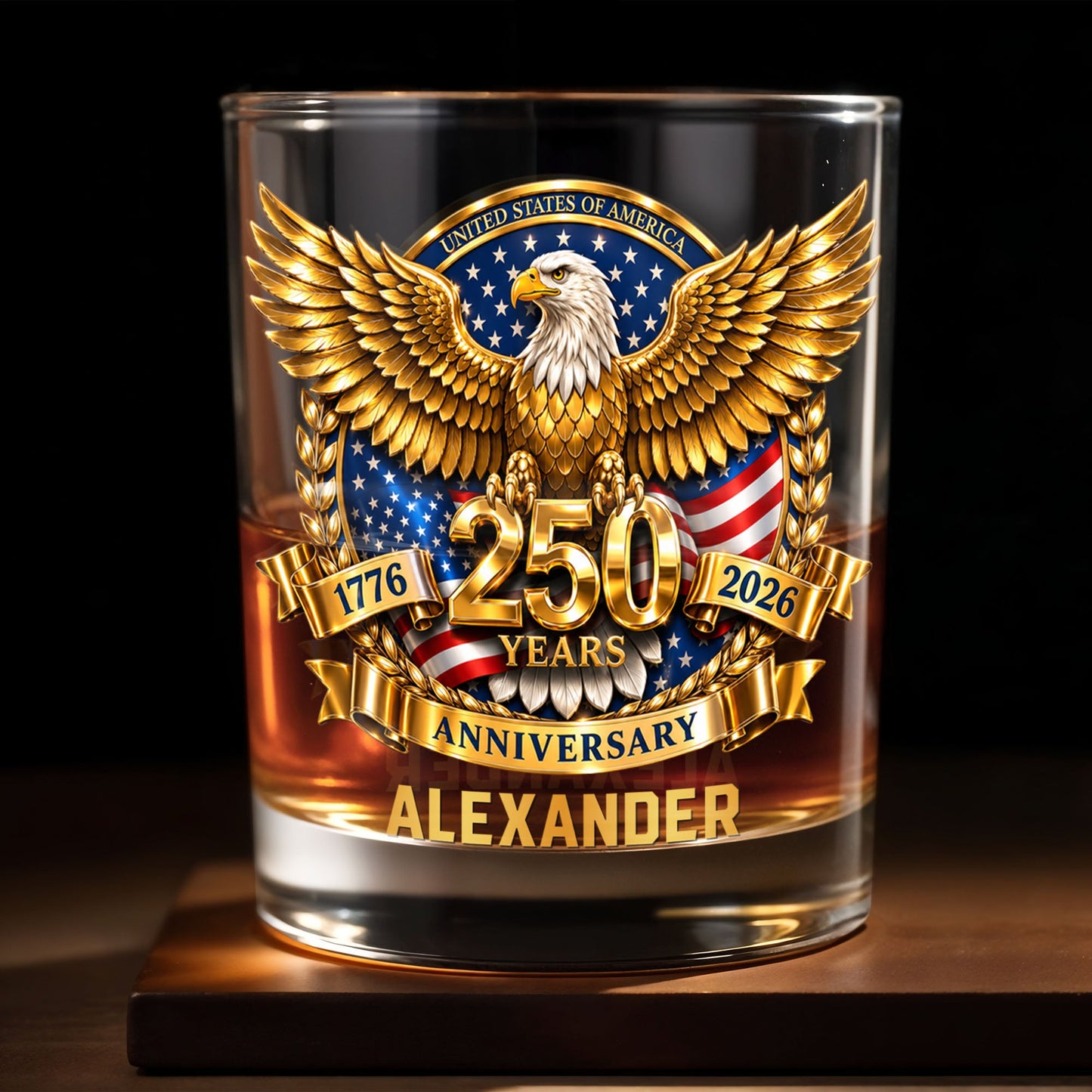 United States Of America Anniversary Bald Eagle With American Flag Gold Effect - Personalized Custom Whiskey Glass - INDE541_RWG
