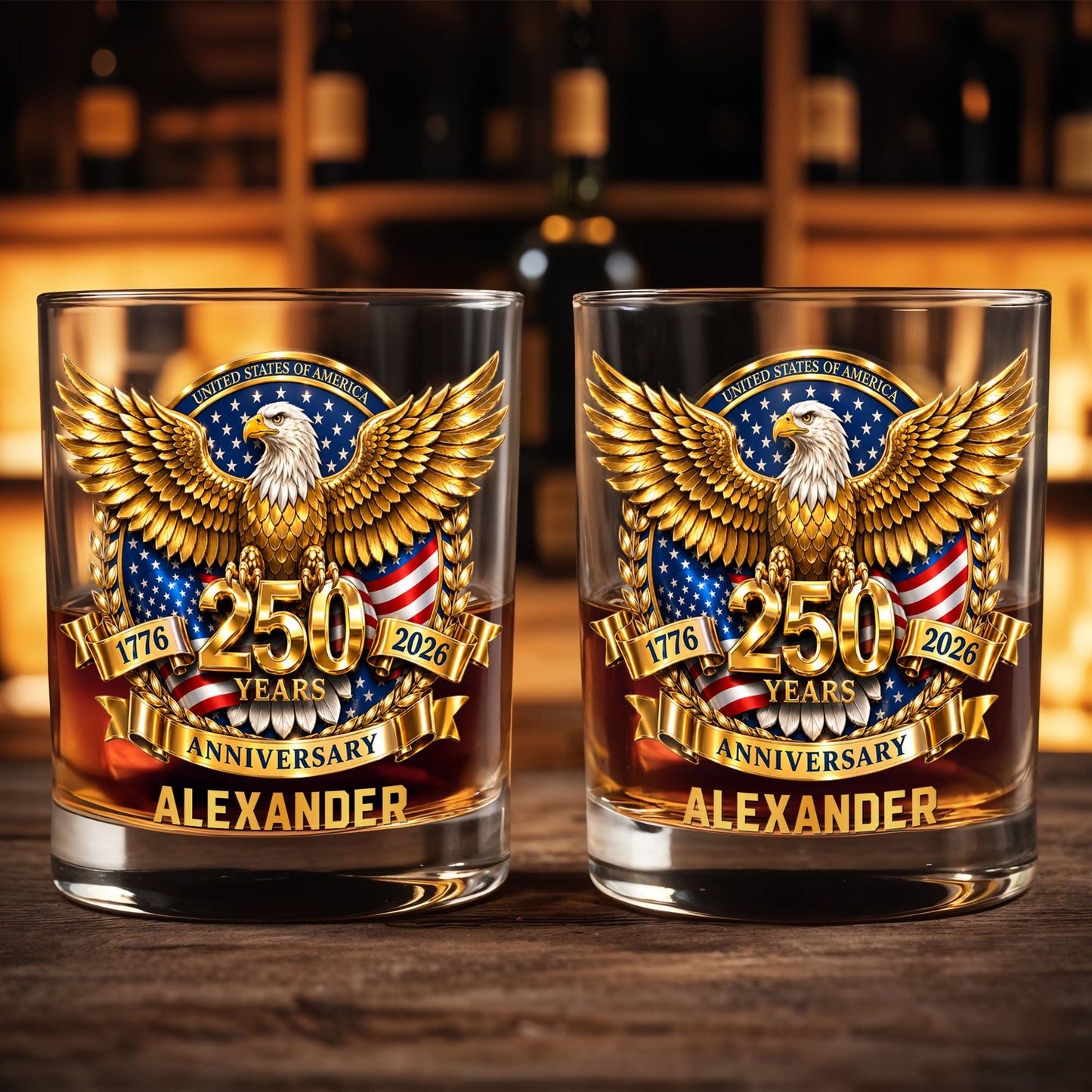 United States Of America Anniversary Bald Eagle With American Flag Gold Effect - Personalized Custom Whiskey Glass - INDE541_RWG