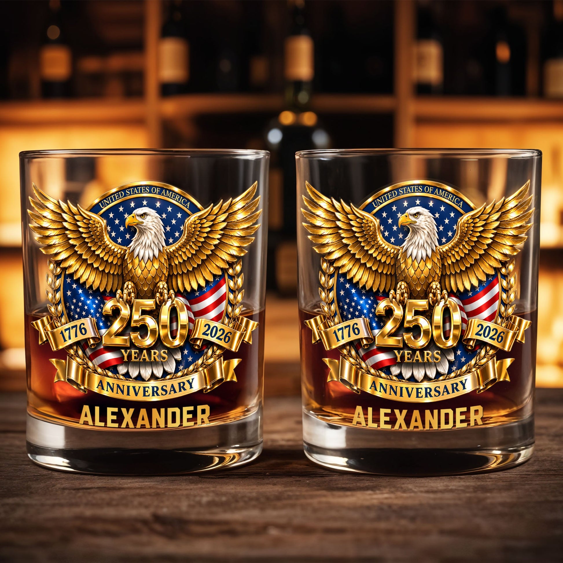 United States Of America Anniversary Bald Eagle With American Flag Gold Effect - Personalized Custom Whiskey Glass - INDE541_RWG