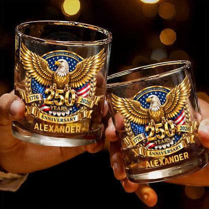 United States Of America Anniversary Bald Eagle With American Flag Gold Effect - Personalized Custom Whiskey Glass - INDE541_RWG