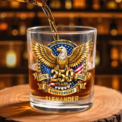 United States Of America Anniversary Bald Eagle With American Flag Gold Effect - Personalized Custom Whiskey Glass - INDE541_RWG