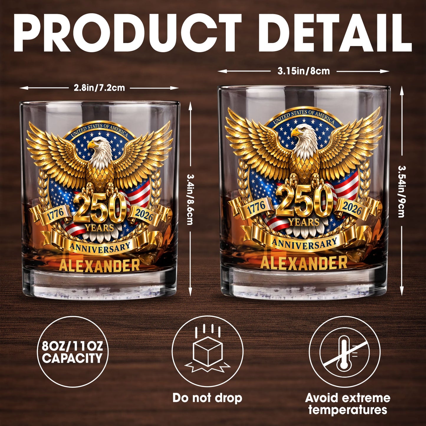 United States Of America Anniversary Bald Eagle With American Flag Gold Effect - Personalized Custom Whiskey Glass - INDE541_RWG