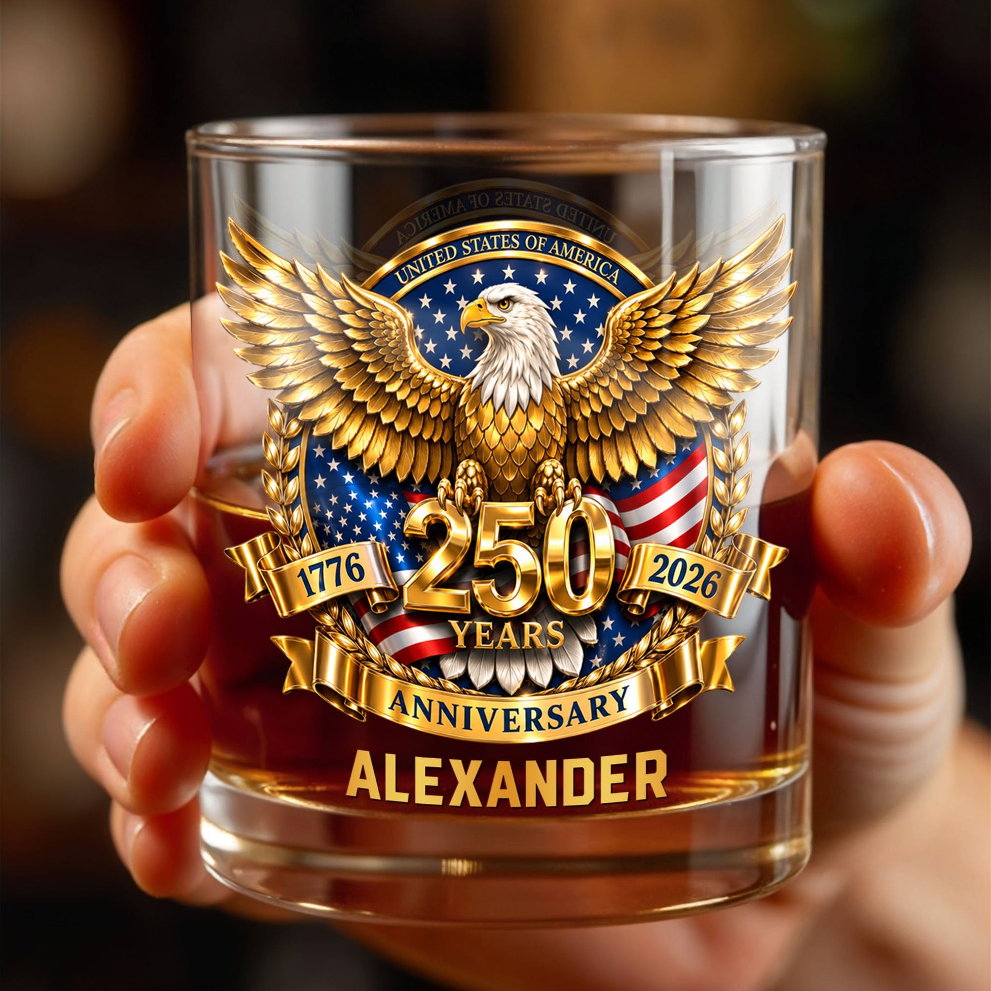 United States Of America Anniversary Bald Eagle With American Flag Gold Effect - Personalized Custom Whiskey Glass - INDE541_RWG
