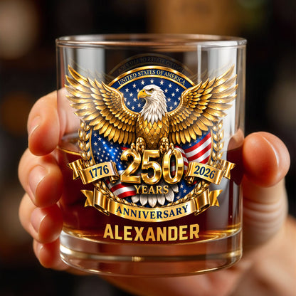 United States Of America Anniversary Bald Eagle With American Flag Gold Effect - Personalized Custom Whiskey Glass - INDE541_RWG