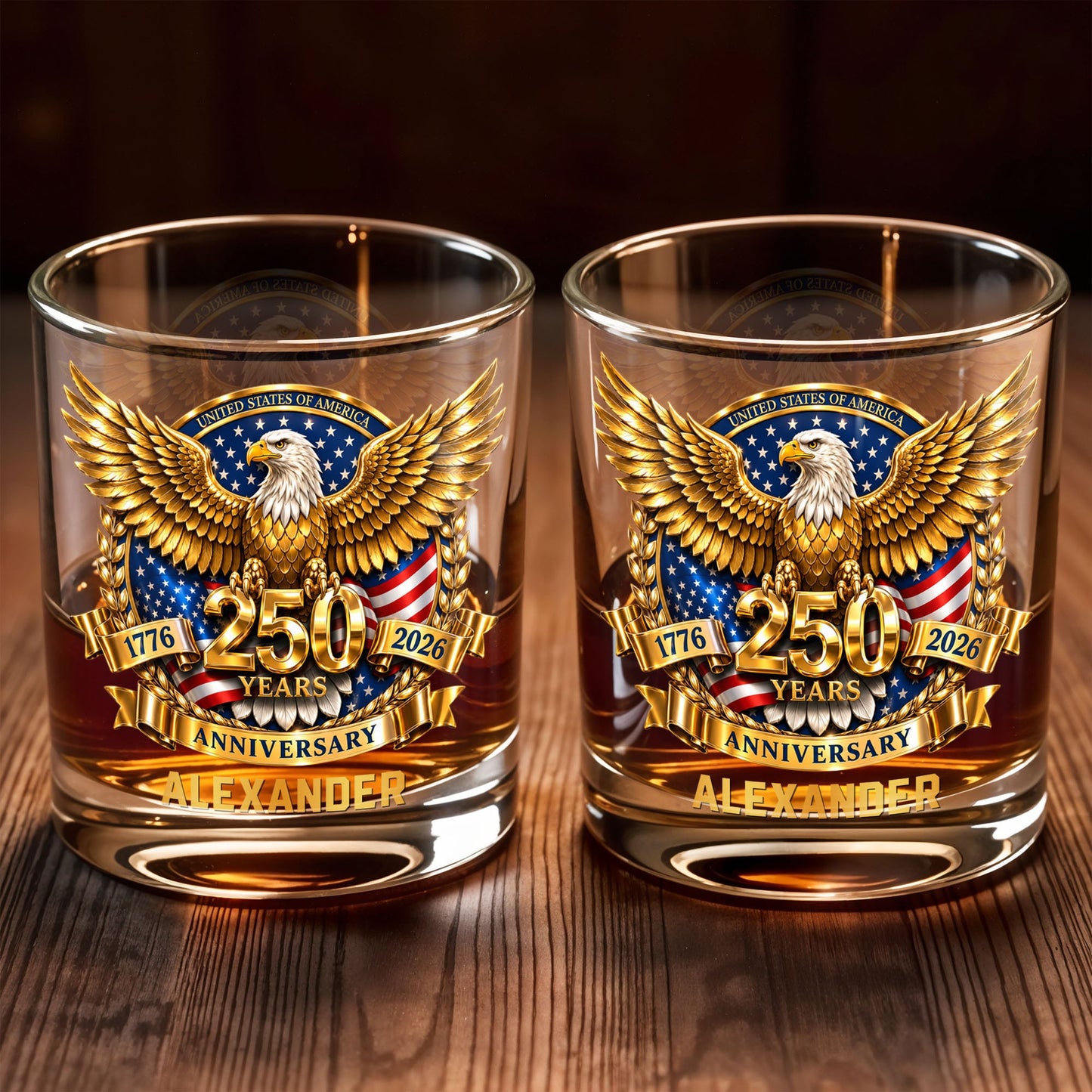United States Of America Anniversary Bald Eagle With American Flag Gold Effect - Personalized Custom Whiskey Glass - INDE541_RWG