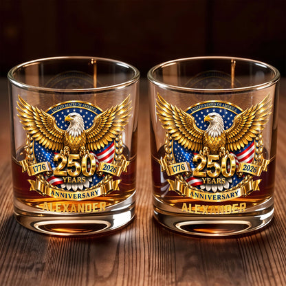 United States Of America Anniversary Bald Eagle With American Flag Gold Effect - Personalized Custom Whiskey Glass - INDE541_RWG