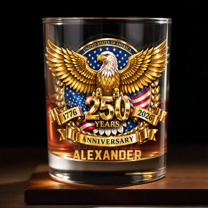 United States Of America Anniversary Bald Eagle With American Flag Gold Effect - Personalized Custom Whiskey Glass - INDE541_RWG