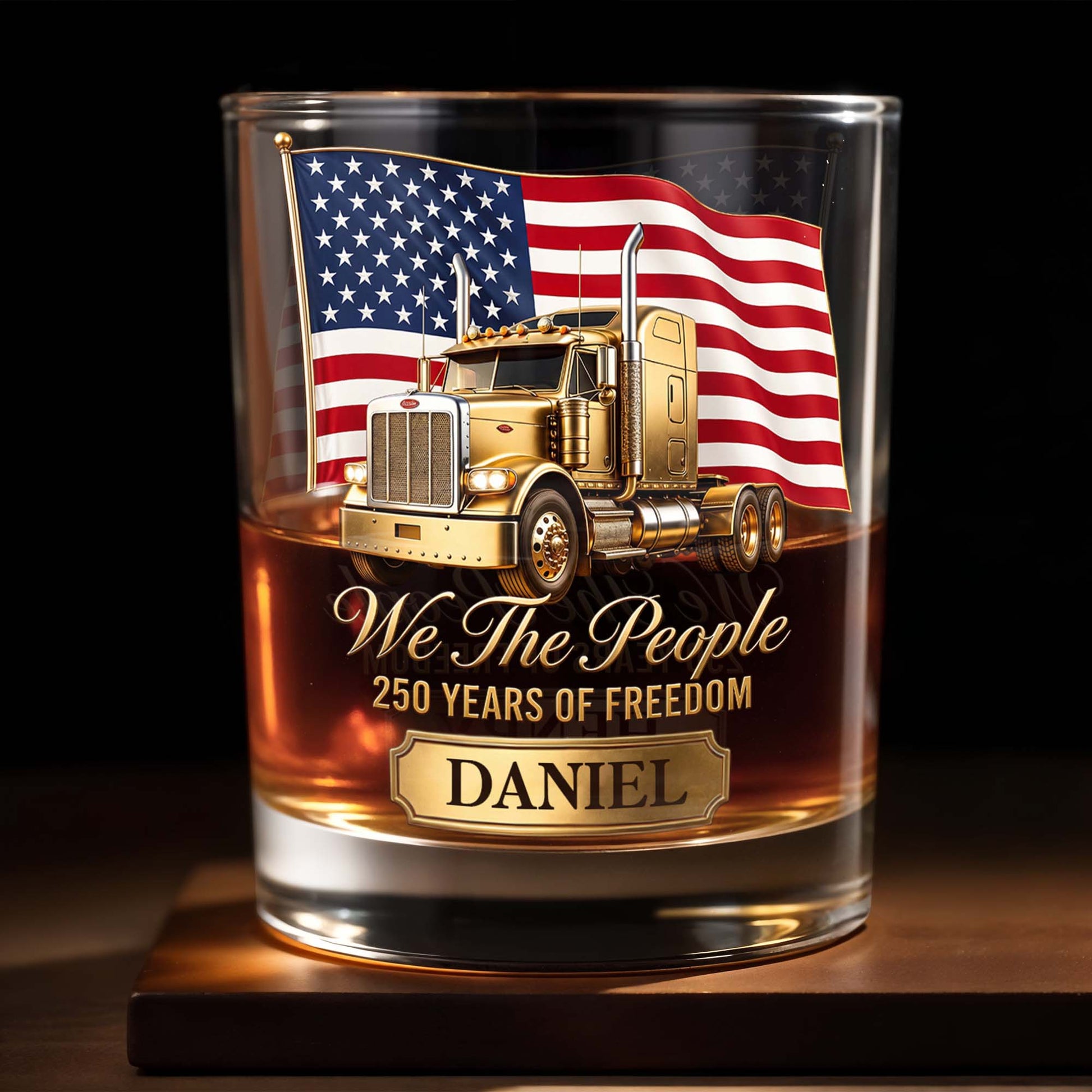 We The People Years Of Freedom Gold Truck And American Flag - Personalized Custom Whiskey Glass - INDE591_RWG
