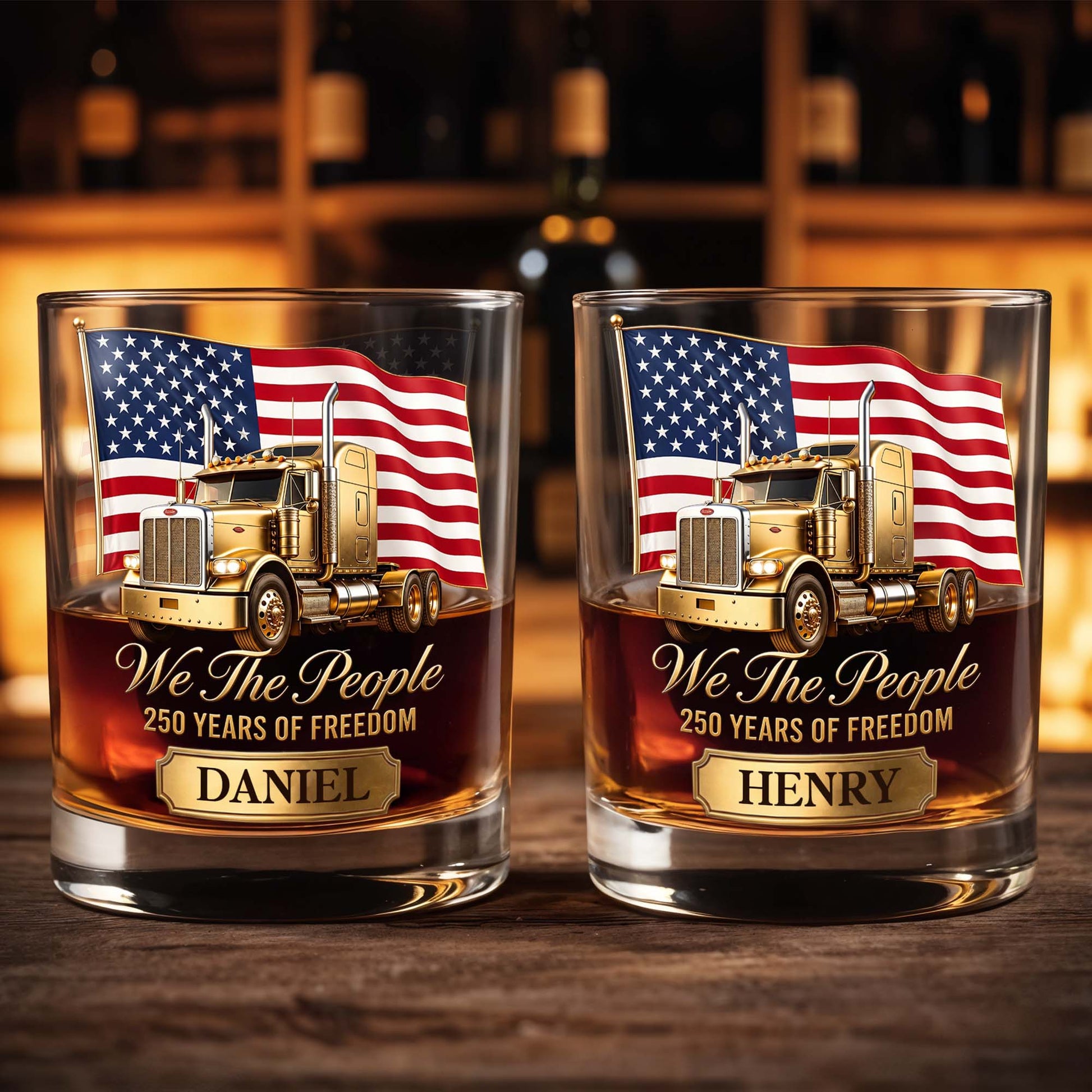 We The People Years Of Freedom Gold Truck And American Flag - Personalized Custom Whiskey Glass - INDE591_RWG