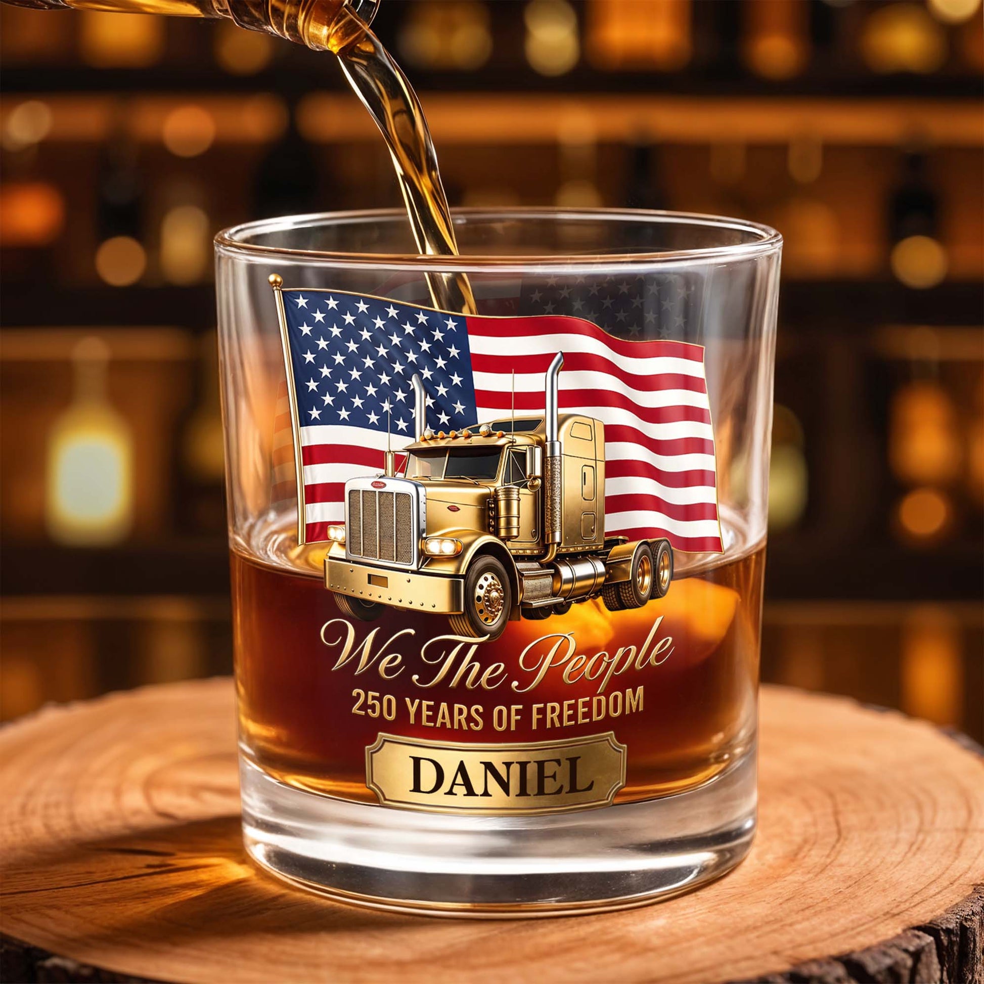 We The People Years Of Freedom Gold Truck And American Flag - Personalized Custom Whiskey Glass - INDE591_RWG