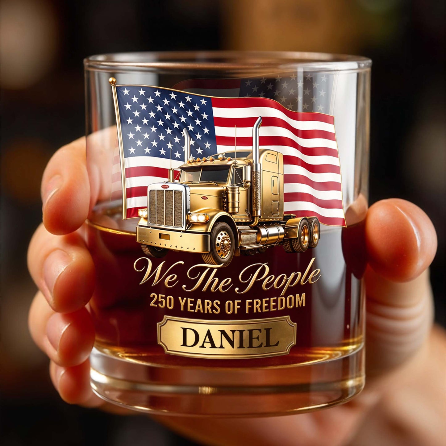 We The People Years Of Freedom Gold Truck And American Flag - Personalized Custom Whiskey Glass - INDE591_RWG