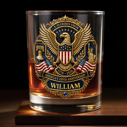 America's 250th Anniversary Patriotic Bald Eagle And American Flag - Personalized Custom Whiskey Glass - INDE598_RWG