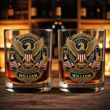 America's 250th Anniversary Patriotic Bald Eagle And American Flag - Personalized Custom Whiskey Glass - INDE598_RWG
