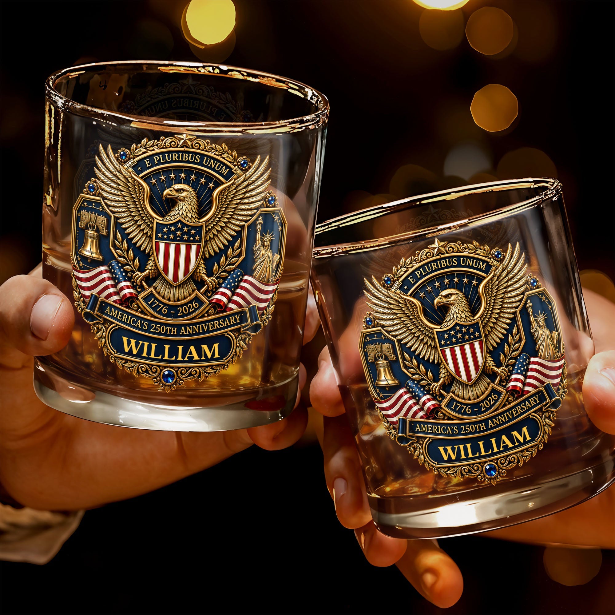 America's 250th Anniversary Patriotic Bald Eagle And American Flag - Personalized Custom Whiskey Glass - INDE598_RWG