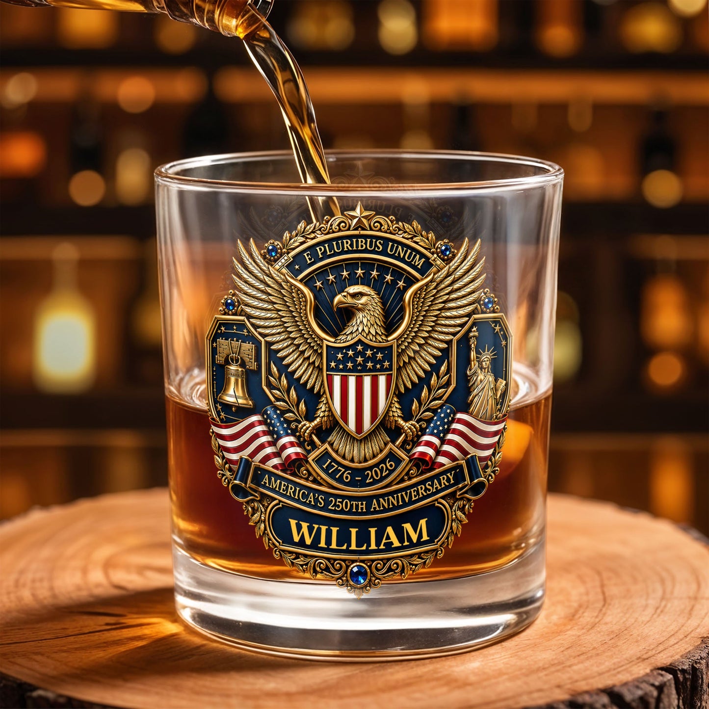 America's 250th Anniversary Patriotic Bald Eagle And American Flag - Personalized Custom Whiskey Glass - INDE598_RWG
