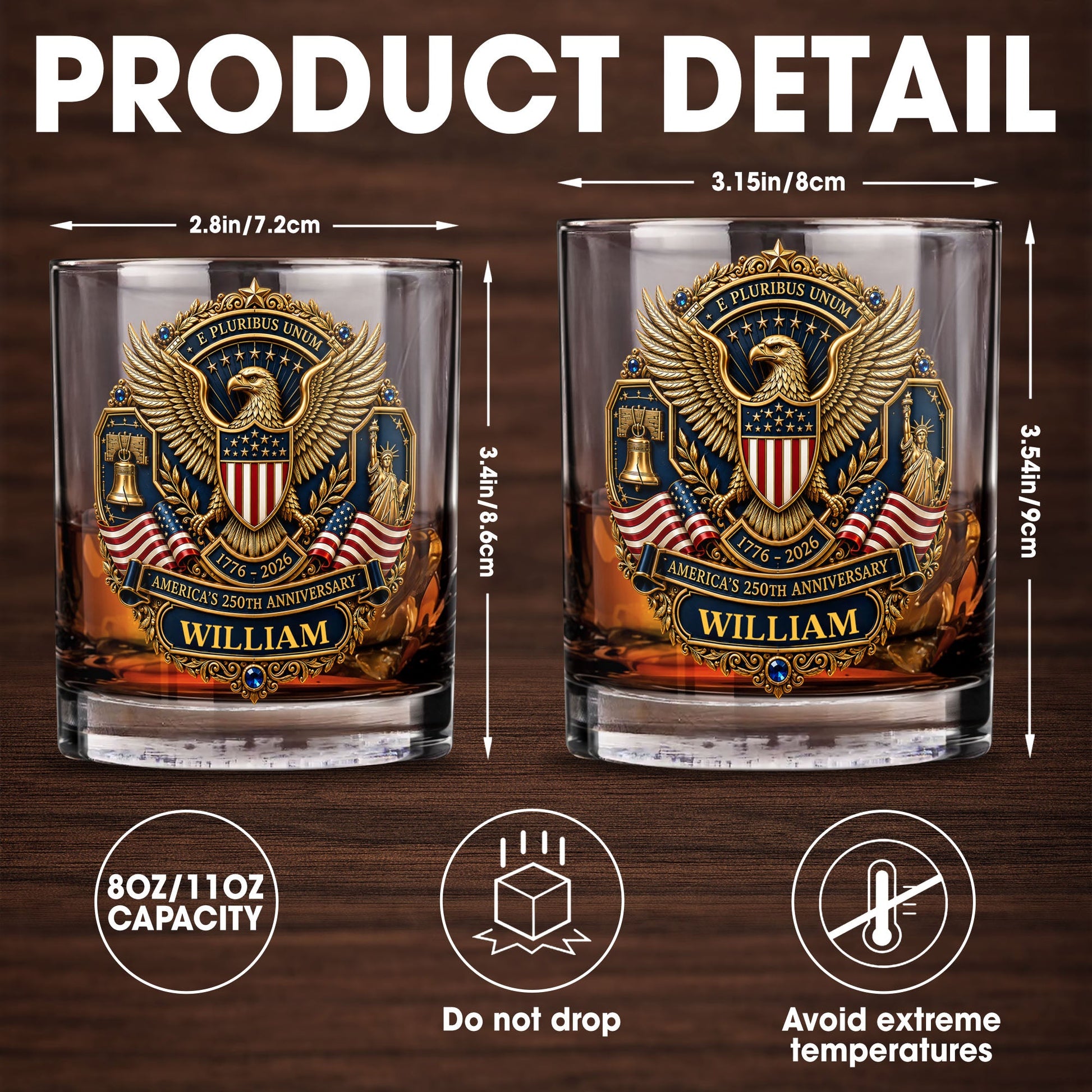 America's 250th Anniversary Patriotic Bald Eagle And American Flag - Personalized Custom Whiskey Glass - INDE598_RWG