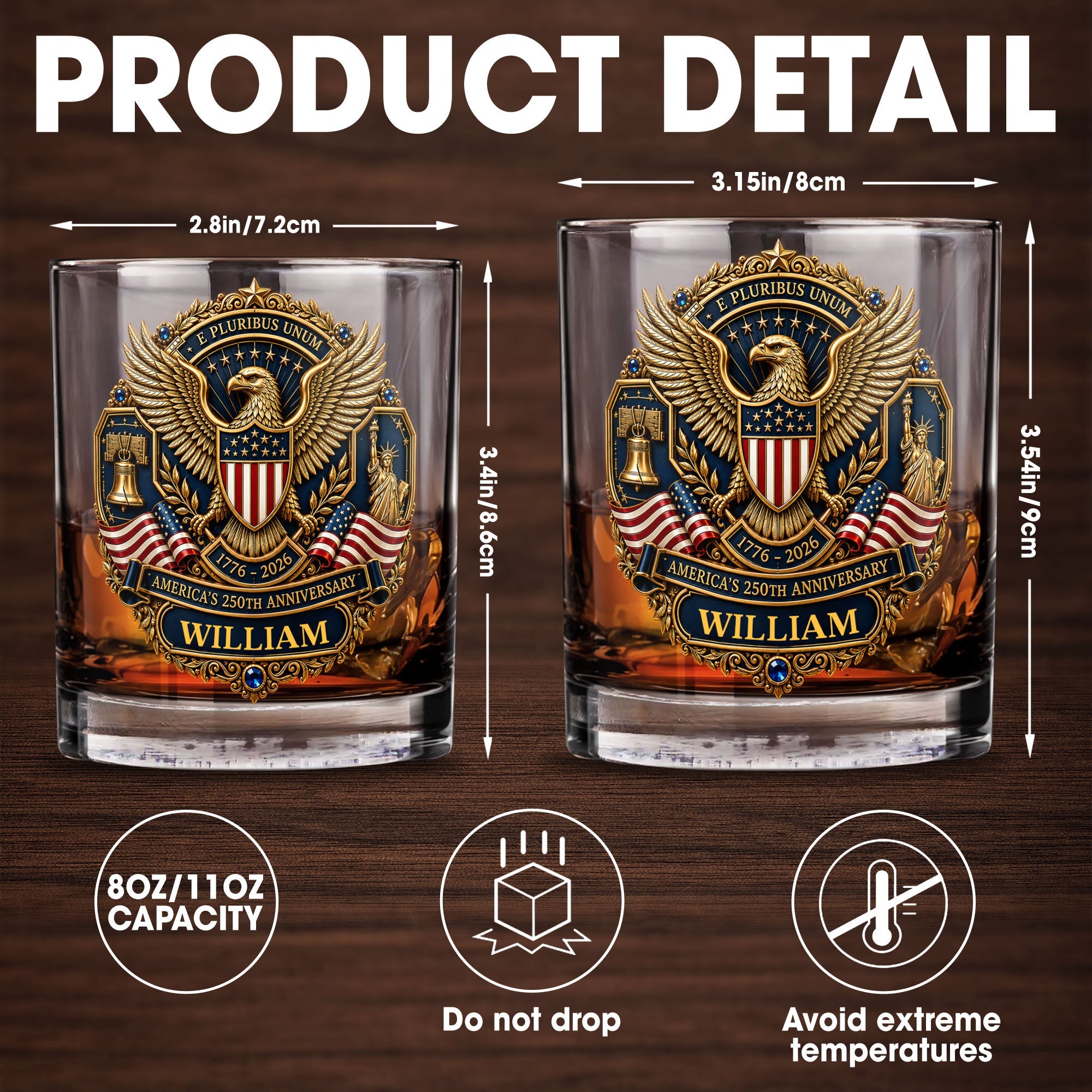 America's 250th Anniversary Patriotic Bald Eagle And American Flag - Personalized Custom Whiskey Glass - INDE598_RWG