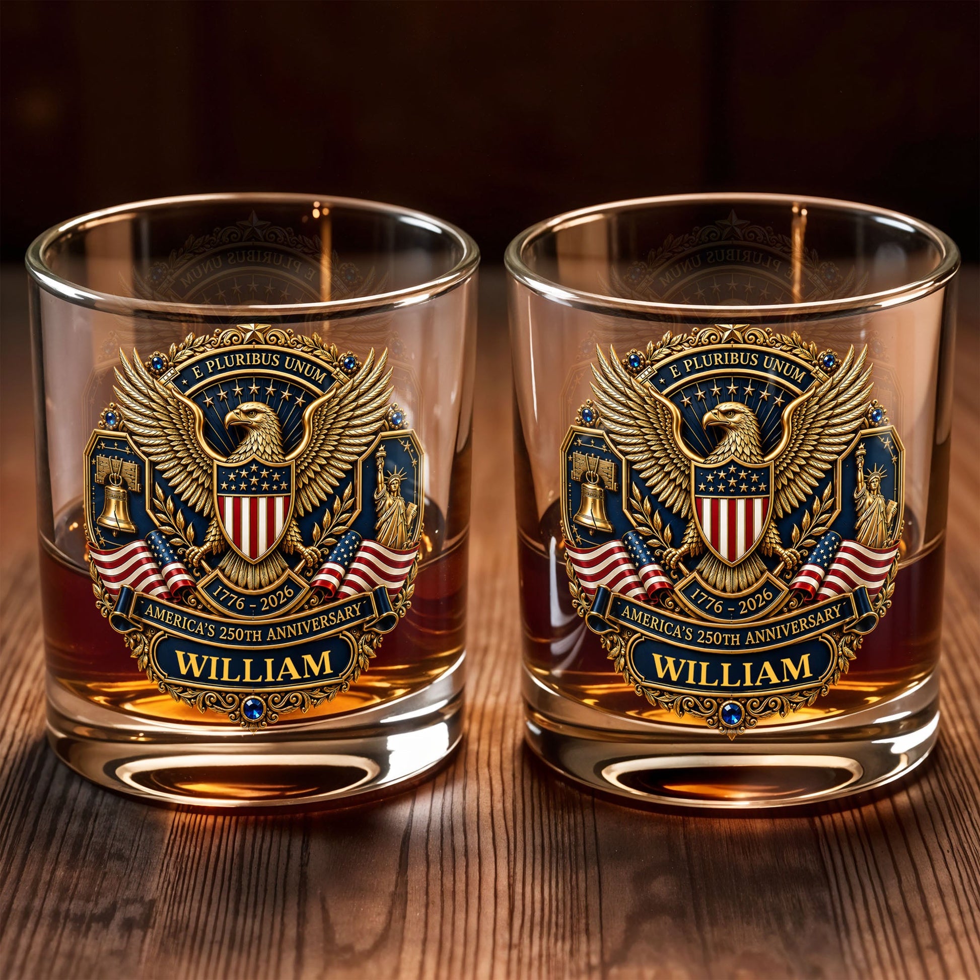 America's 250th Anniversary Patriotic Bald Eagle And American Flag - Personalized Custom Whiskey Glass - INDE598_RWG