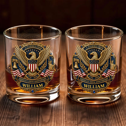 America's 250th Anniversary Patriotic Bald Eagle And American Flag - Personalized Custom Whiskey Glass - INDE598_RWG