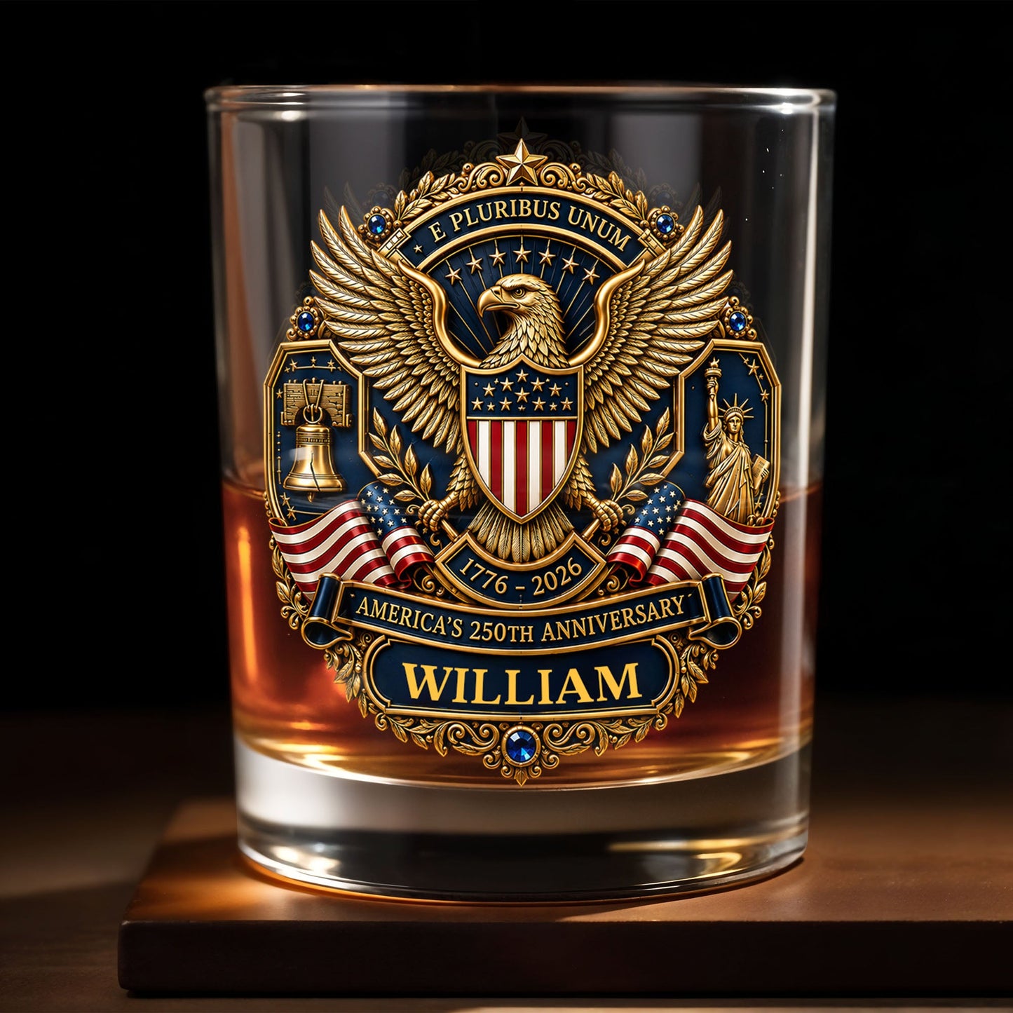America's 250th Anniversary Patriotic Bald Eagle And American Flag - Personalized Custom Whiskey Glass - INDE598_RWG
