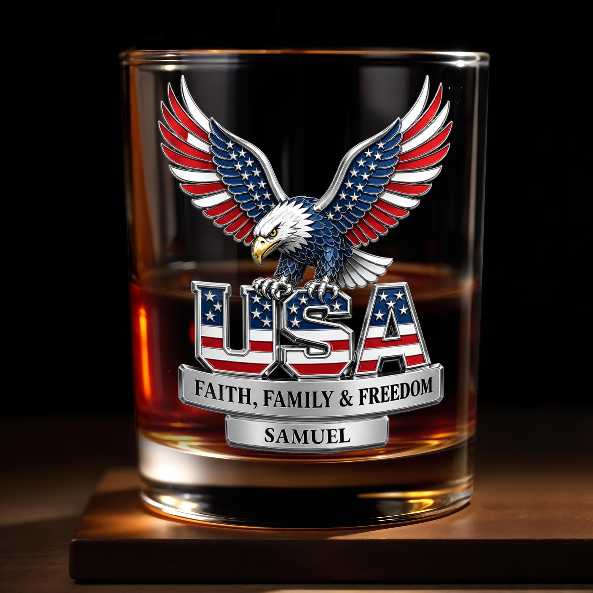 USA Faith Family And Freedom Patriotic Eagle With Flag Design - Personalized Custom Whiskey Glass - INDE633_RWG