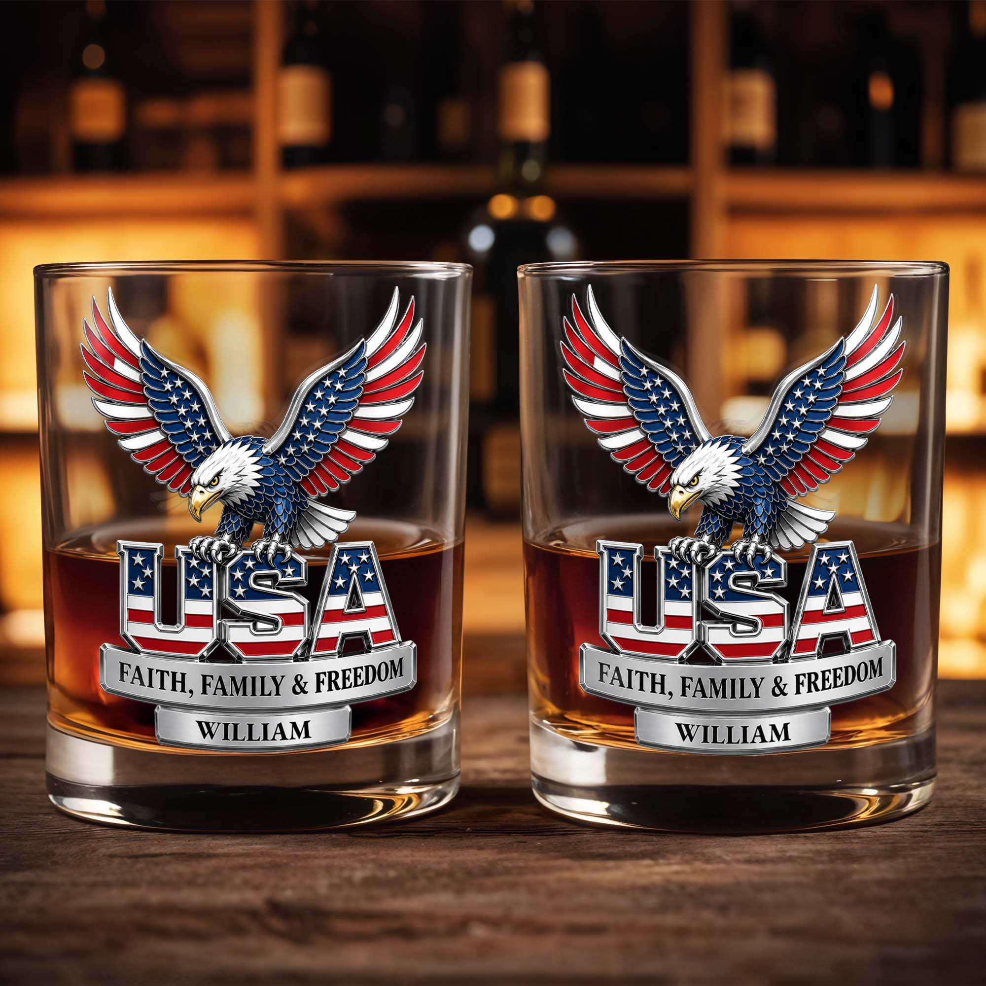 USA Faith Family And Freedom Patriotic Eagle With Flag Design - Personalized Custom Whiskey Glass - INDE633_RWG