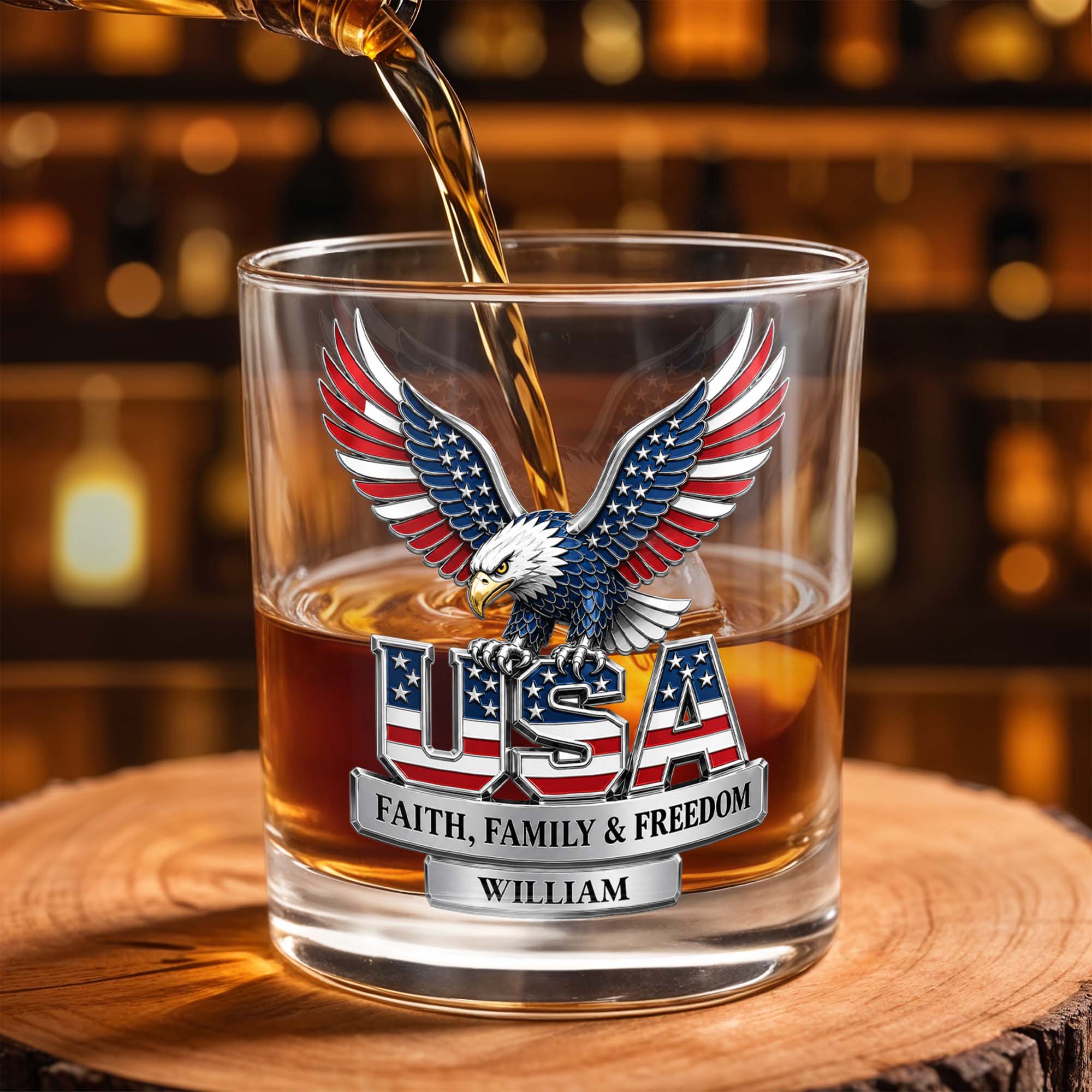 USA Faith Family And Freedom Patriotic Eagle With Flag Design - Personalized Custom Whiskey Glass - INDE633_RWG