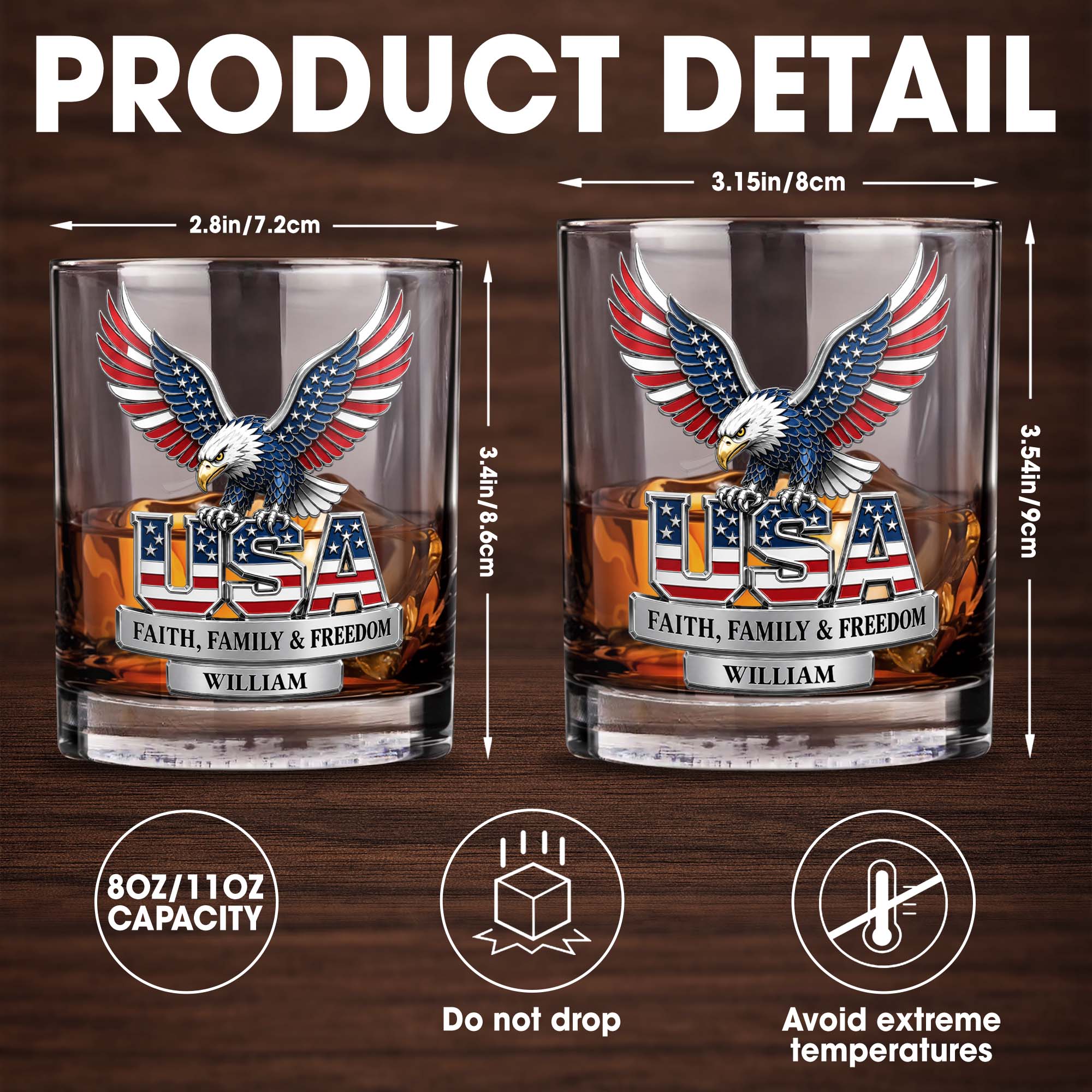 USA Faith Family And Freedom Patriotic Eagle With Flag Design - Personalized Custom Whiskey Glass - INDE633_RWG