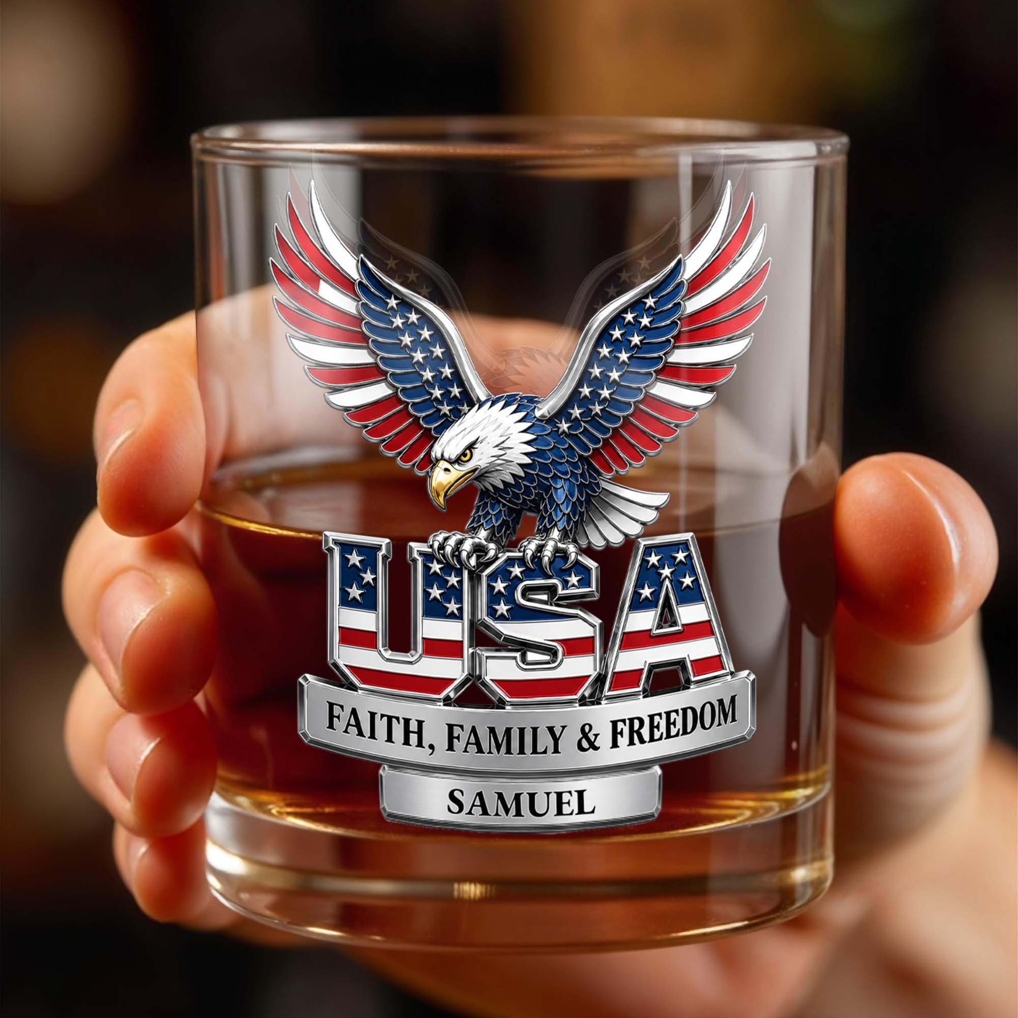 USA Faith Family And Freedom Patriotic Eagle With Flag Design - Personalized Custom Whiskey Glass - INDE633_RWG