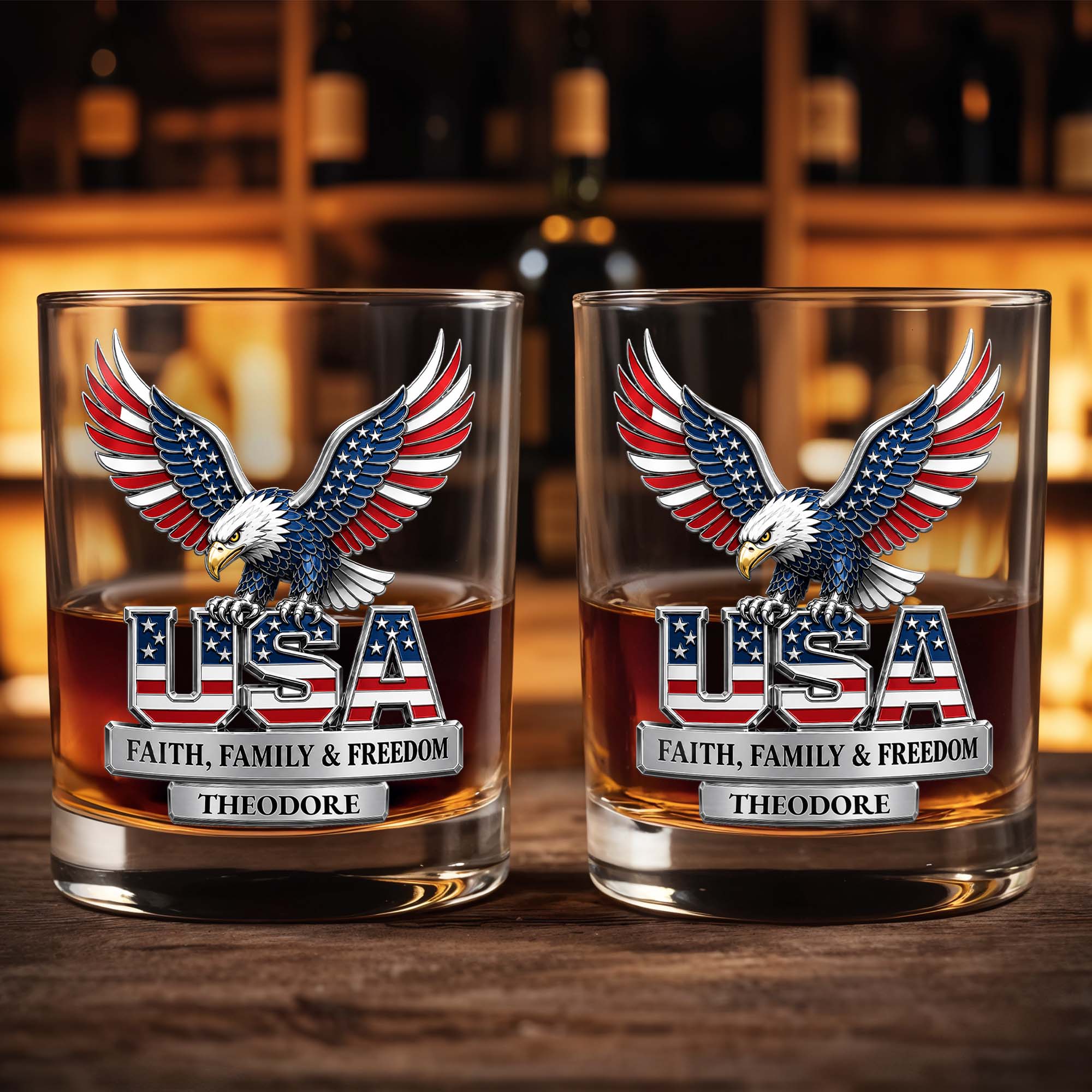 USA Faith Family And Freedom Patriotic Eagle With Flag Design - Personalized Custom Whiskey Glass - INDE633_RWG