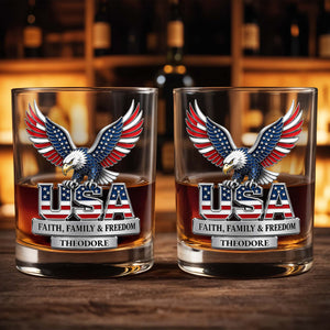 USA Faith Family And Freedom Patriotic Eagle With Flag Design - Personalized Custom Whiskey Glass - INDE633_RWG