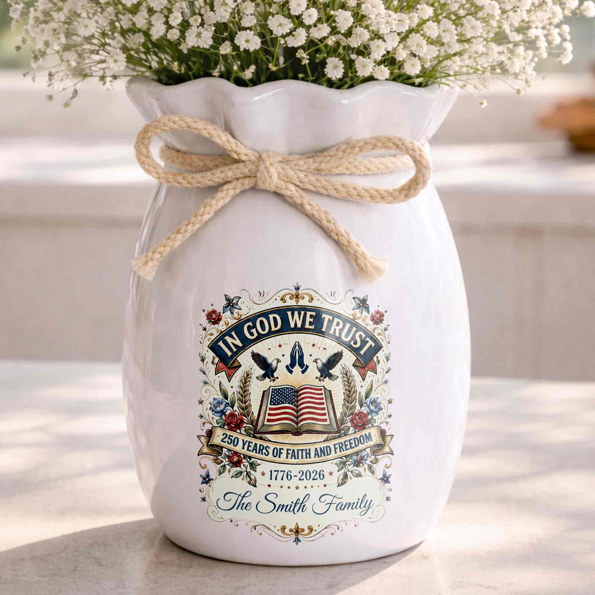 In God We Trust Years Of Faith And Freedom American Flag Bible - Personalized Ribbon Tie Flower Vase