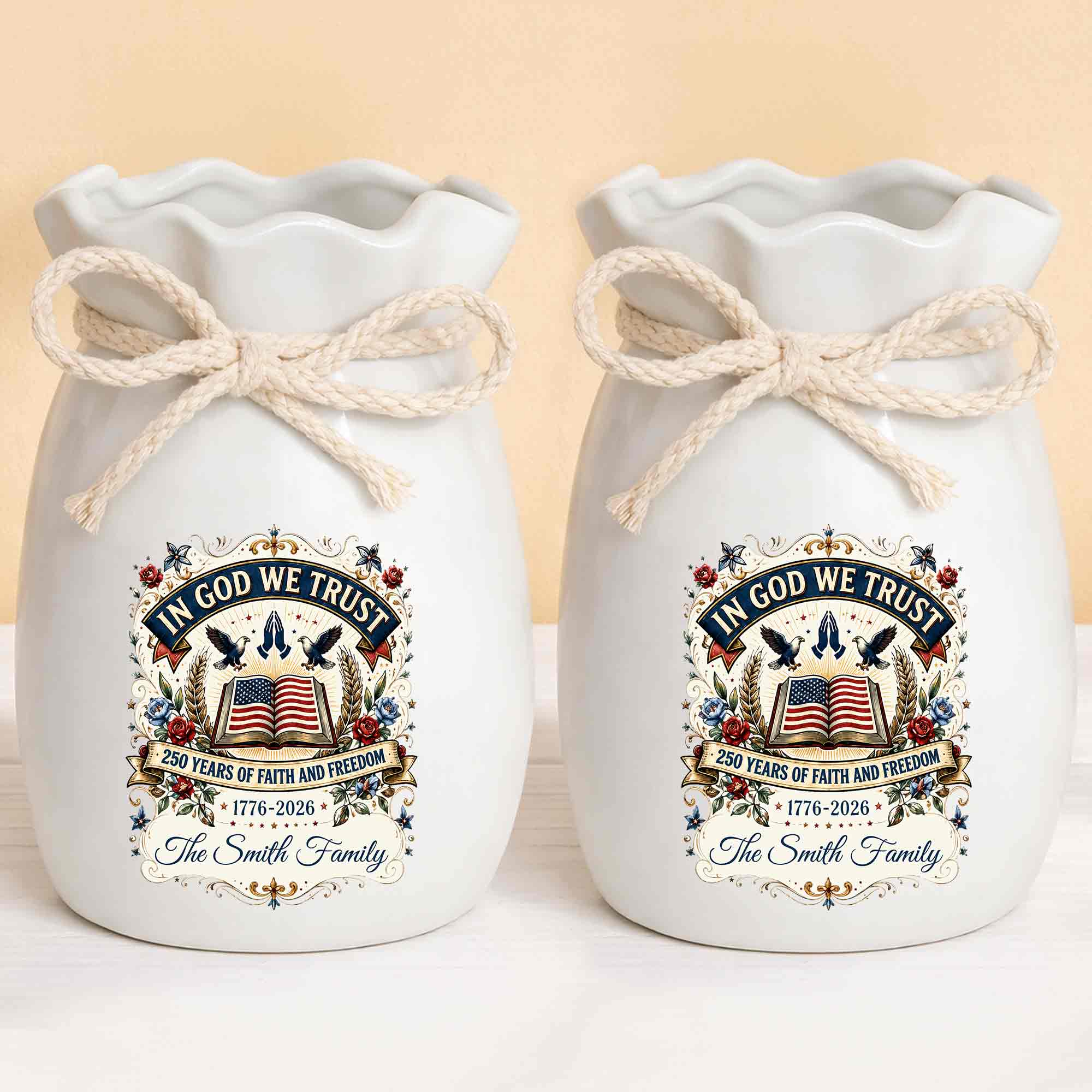 In God We Trust Years Of Faith And Freedom American Flag Bible - Personalized Ribbon Tie Flower Vase