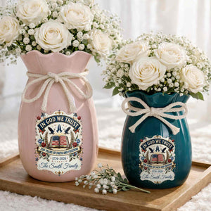In God We Trust Years Of Faith And Freedom American Flag Bible - Personalized Ribbon Tie Flower Vase