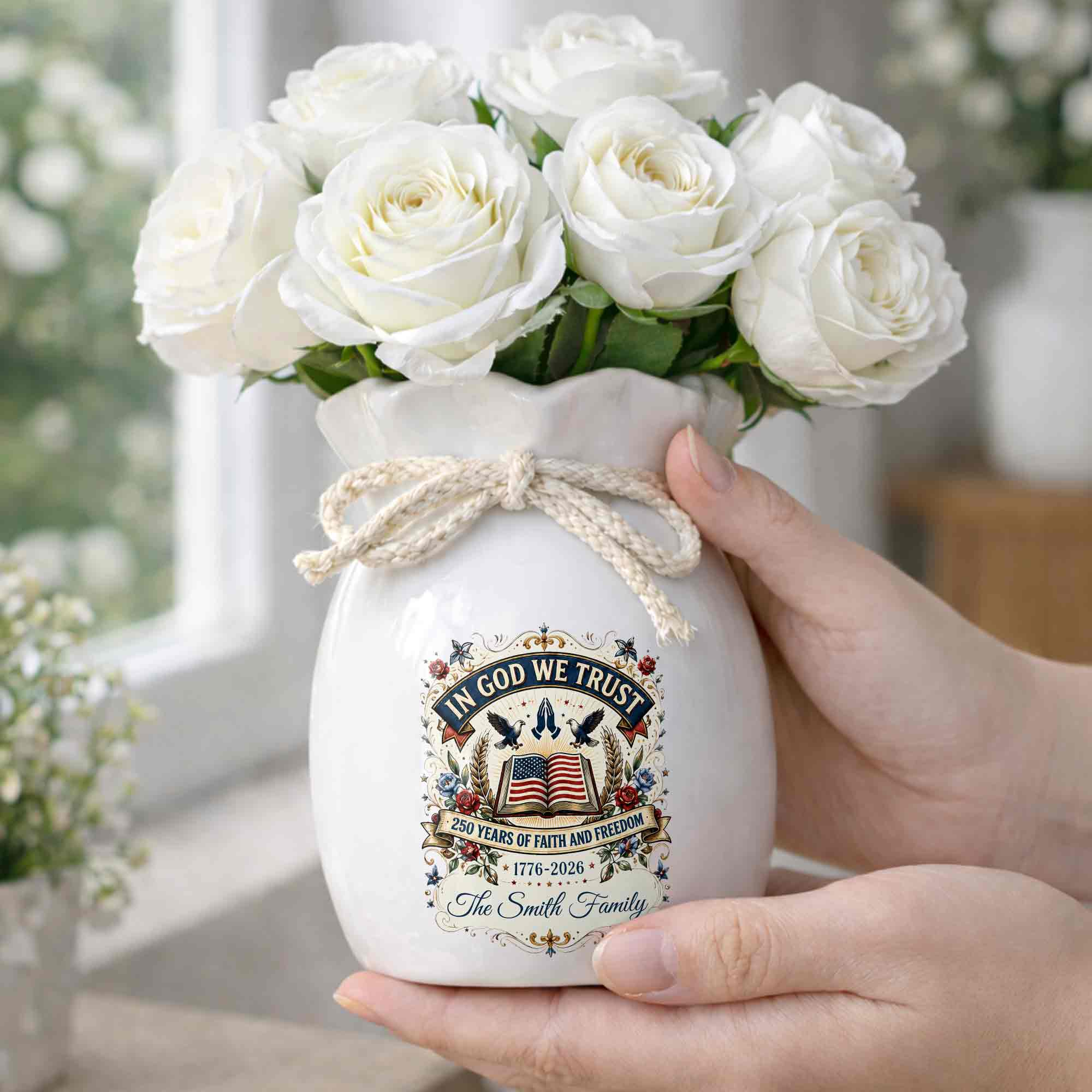 In God We Trust Years Of Faith And Freedom American Flag Bible - Personalized Ribbon Tie Flower Vase