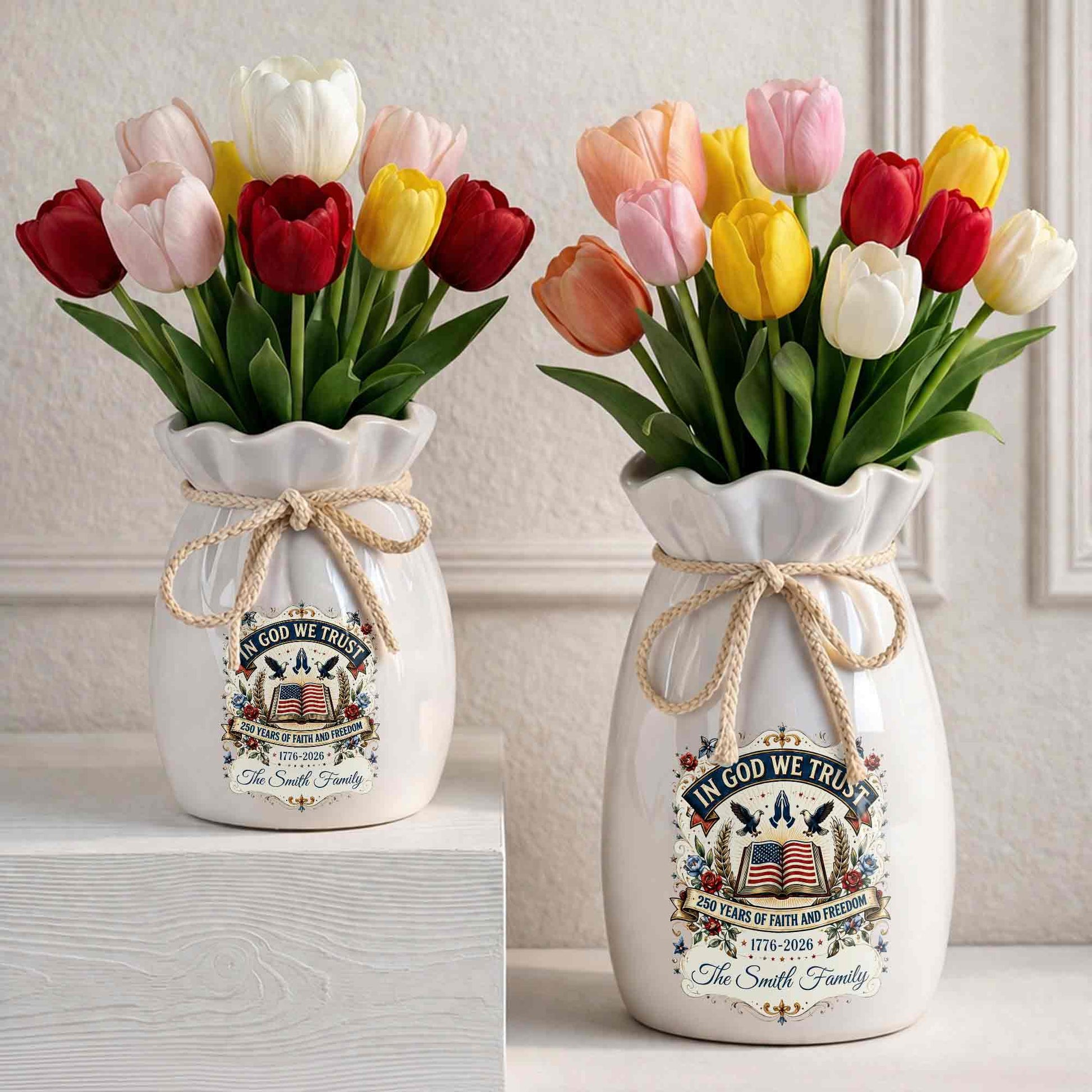 In God We Trust Years Of Faith And Freedom American Flag Bible - Personalized Ribbon Tie Flower Vase