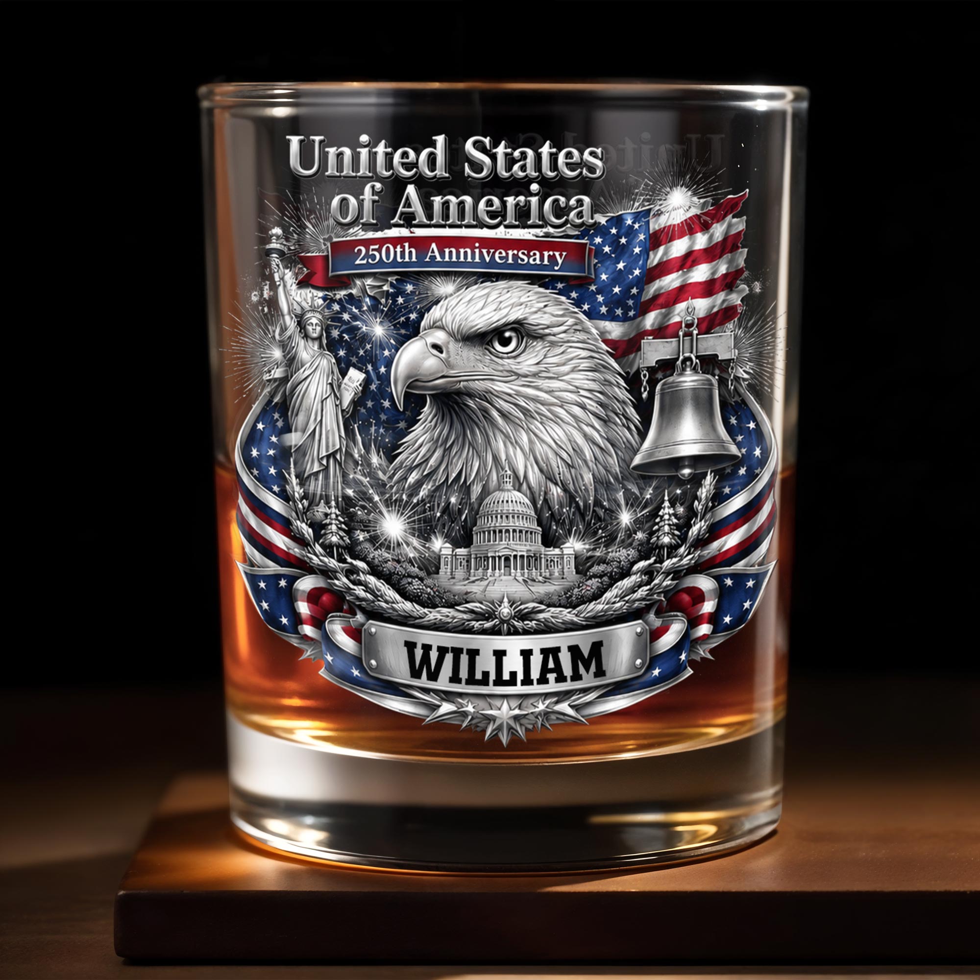 United States of America Anniversary Bald Eagle and American Flag - Personalized Custom Whiskey Glass - INDE642_RWG