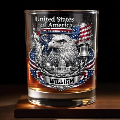 United States of America Anniversary Bald Eagle and American Flag - Personalized Custom Whiskey Glass - INDE642_RWG